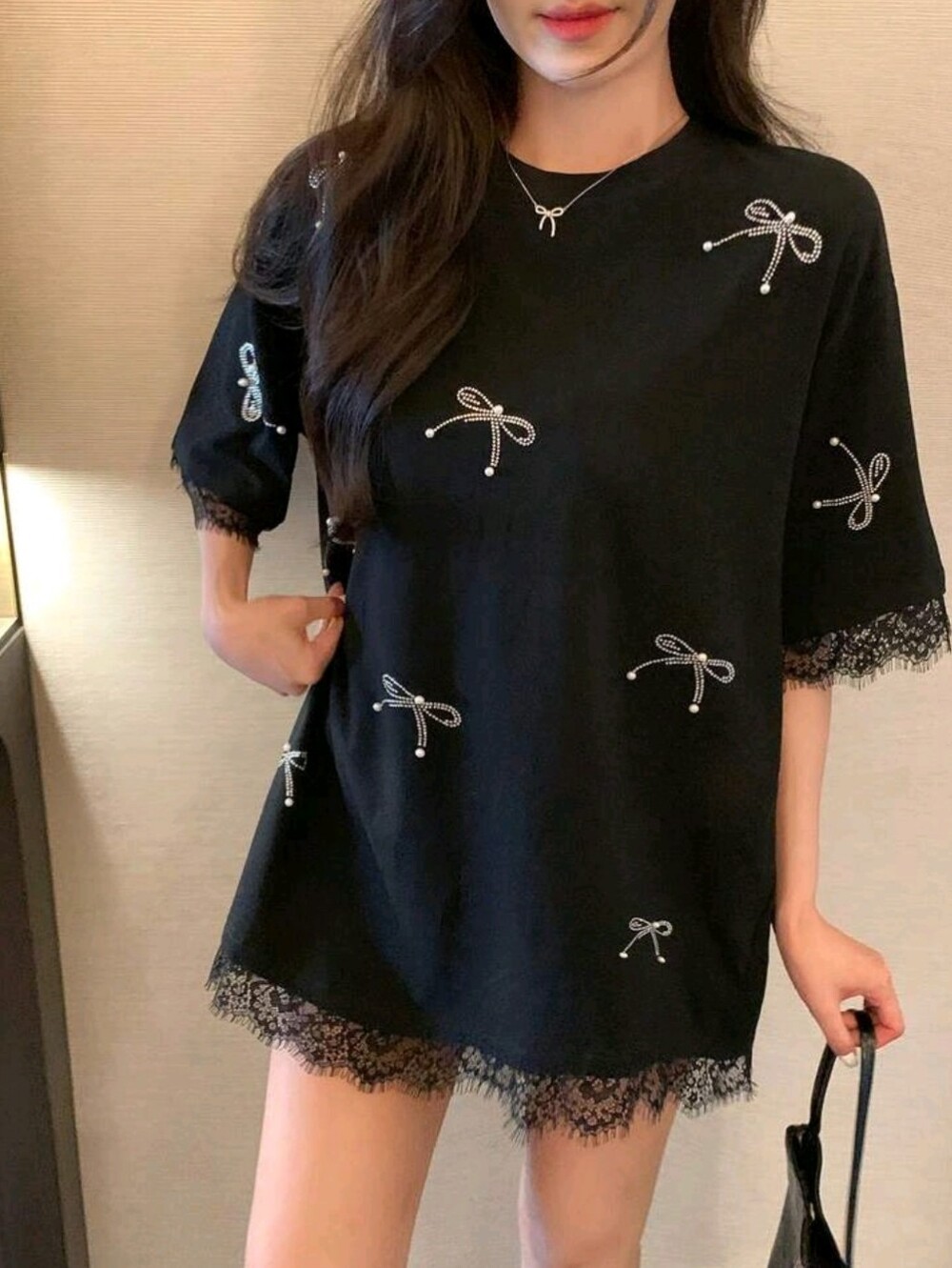 Women's Summer Round Neck Rhinestone Bow Lace Patchwork Short Sleeve